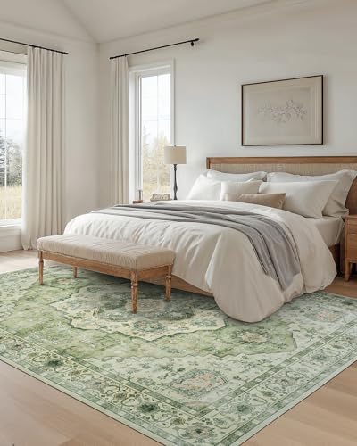 Amada Large 8x10 Washable Area Rug for Living Room, Green, Vintage Style