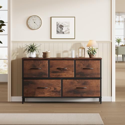 OLIXIS 5 Drawer Dresser for Bedroom, Wide Fabric Storage Tower, Brown