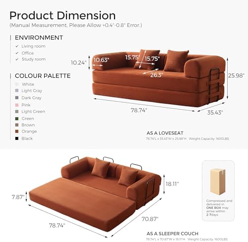 79" Convertible Futon Sofa Bed, Boneless Couch for Living Room | Orange