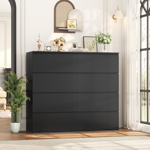 FINETONES Black Dresser, Dresser for Bedroom, 8 Drawer Chest of Drawers