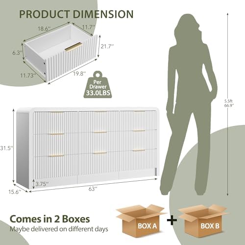 Decofy Fluted 9 Drawers Dresser, 63'' Wide Chest of Drawers for Bedroom
