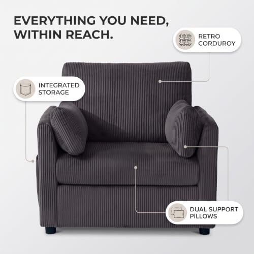 GRAVFORCE 37.75" Oversized Accent Chair with 2 Pillows, Grey, Corduroy