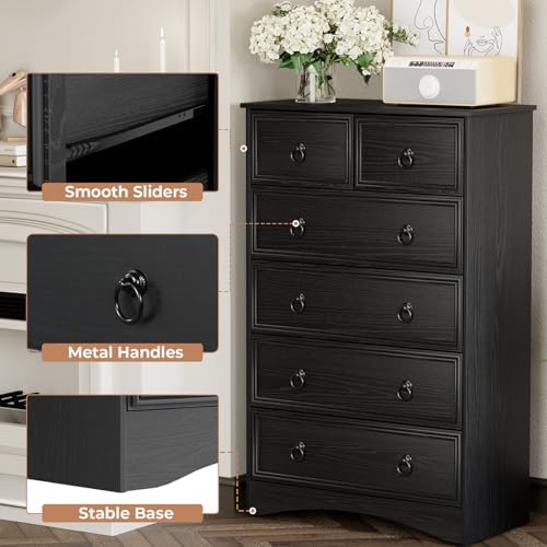 VVFLU 48'' Tall Black Dresser with 6 Drawers Chest of Drawers for Bed...