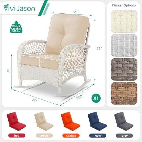 VIVIJASON Outdoor Wicker Rocking Chair, Patio Rattan Rocker Chair with Cushio...