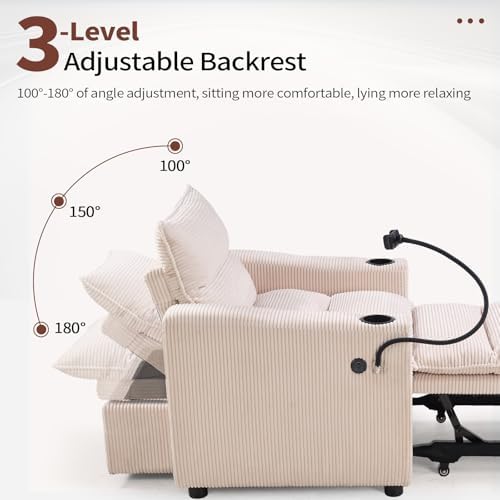 HAOMARKETS Corduroy Sleeper Sofa Bed with Cup Holders, 3-in-1 Convertible Pul...