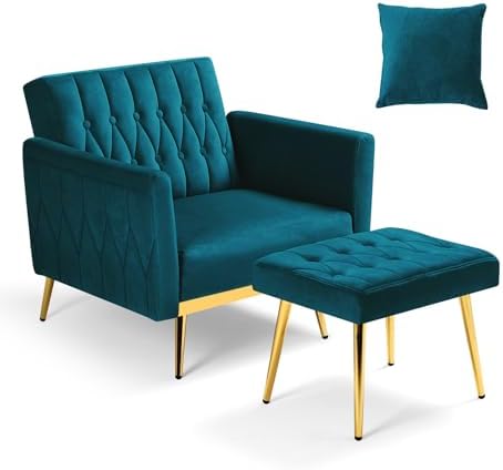 Velvet Accent Chair w/Ottoman & Adjustable Backrest,Teal