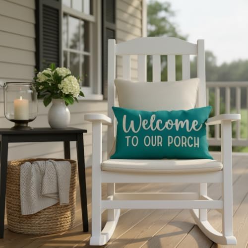 PANDICORN Farmhouse Throw Pillow Covers 12x20 Welcome to Our Porch, Teal | Outdoor Boho Decorations Lumbar Decorative Cushion Case for Home Sofa Couch Front Porch Patio Decor