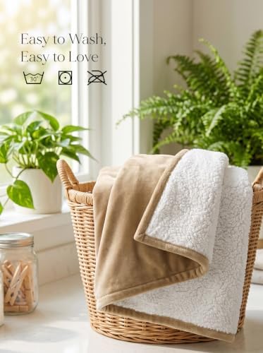 Utopia Bedding Reversible Plush Sherpa Blanket Queen Size Camel, 90x90 Inch