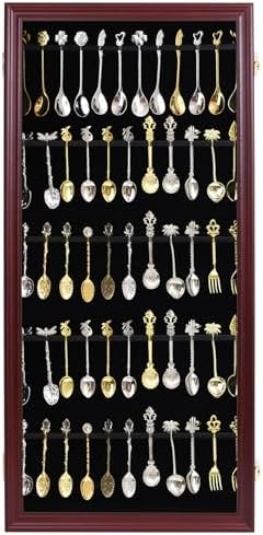 60 Souvenir Spoon Display Case Wall Mount Lockable Cabinet Cherry