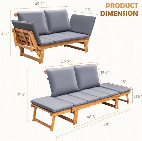 Greesum Patio Convertible Couch Sofa Bed with Adjustable Armrest, Acacia Wood...
