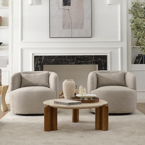 KINWELL 34" W Boucle Swivel Barrel Chairs with Pillow Set of 2, Taupe