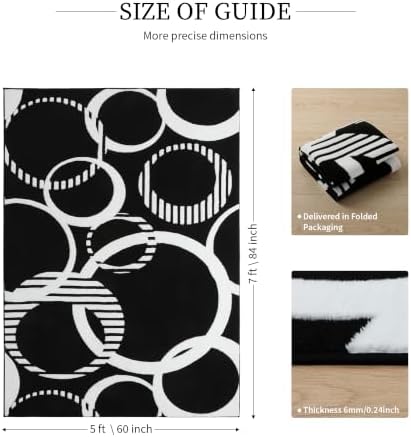 Plush Black and White Rug Non Slip, Washable 5x7 Area Rugs for Living Room