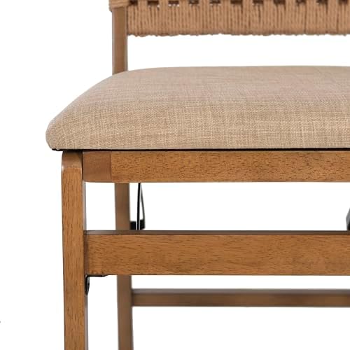 Linon Bennett Natural Folding Chair with Woven Rope Back and Linen Upholstere...