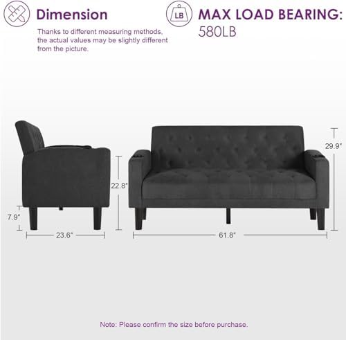 Mid-Century Modern Tufted Loveseat Sofa Set w/ 2 USB & 2 Cupholders