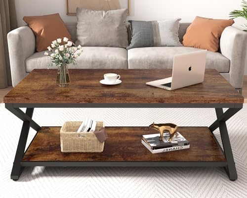 HSH 47" Rectangle Coffee Table with Storage for Living Room, Rustic Brown