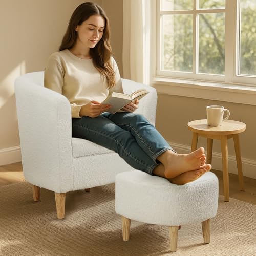 DAZONE Sherpa Accent Chair with Ottoman White Fluffy Teddy Barrel Armchair