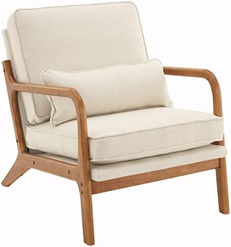 Bonnlo Fine Linen Beige Mid Century Modern Accent Chair, Soild Wood Padding L...