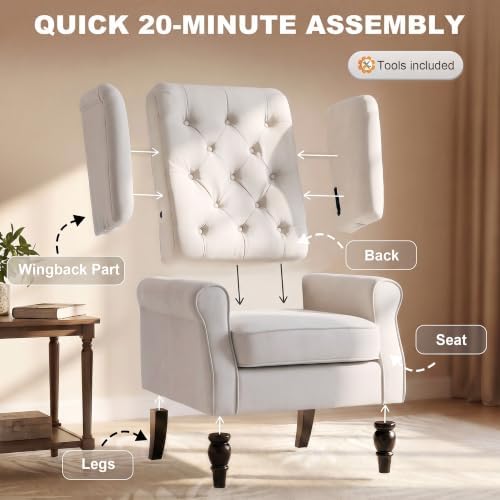 HOMCOM Comfy Accent Chair for Living Room, Wingback Armchair, Cream White