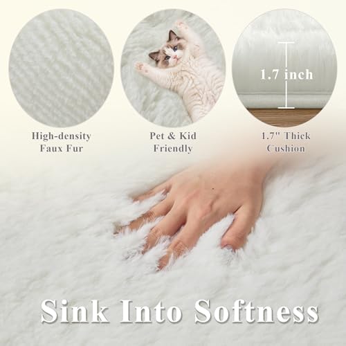 8x10 Ft Cream White Fluffy Area Rug for Living Room, Washable