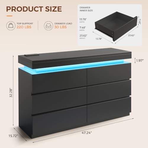 6 Drawer Dresser with LED Lights and Charging Station, Modern Black Dresser