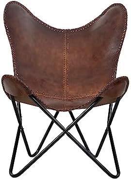 Vintage Brown Leather & Arm Butterfly Chair | Genuine Tan Leather Butterfly Chair Home Decor | Handmade Chair Presented by Presented by Shy Shy Let's The Sky