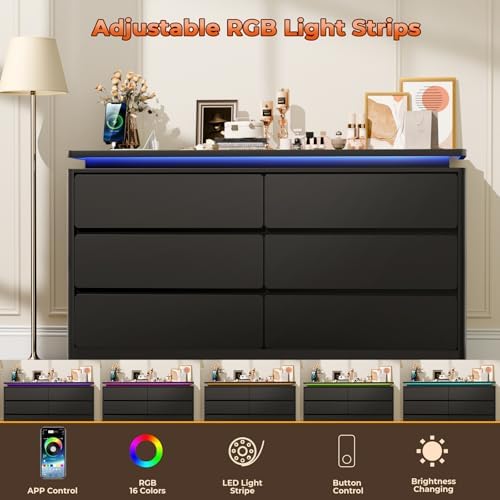6 Drawer Dresser for Bedroom, 47.24" Black Chest of Drawers w/LED Lights