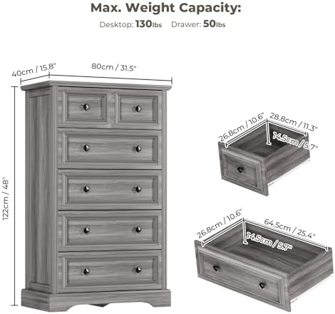 VVFLU Grey Dresser, 48" Tall Dresser with Natural Texture & Metal Ha...