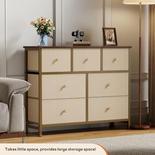 Sweetcrispy 7 Drawer Dresser for Bedroom Storage with Fabric Bins, Khaki