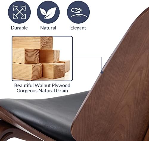 Belleze Mid Century Modern Tripod Plywood Lounge Chair Walnut Bentwood Uphols...