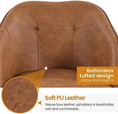 Yaheetech Faux Leather Vanity Chair with Wheels, Tufted Seat, Retro Brown