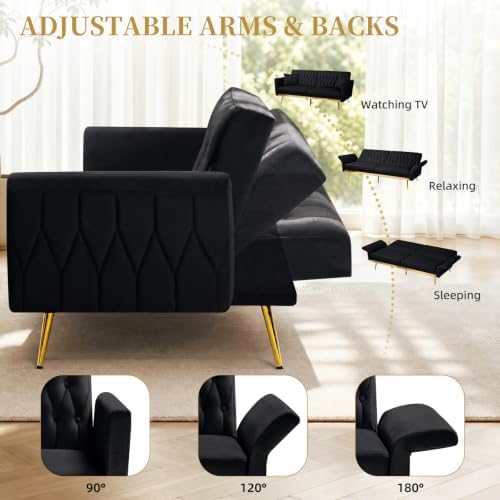 70” Velvet Futon Sofa Bed w/Adjustable Armrests, Black