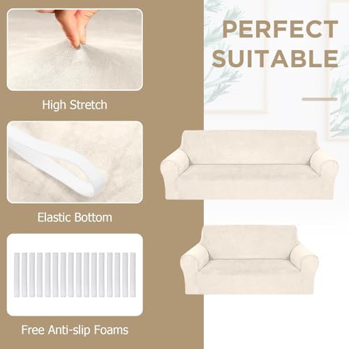Peryiter 2 Pcs Couch and Loveseat Sofa Covers,Beige,Velvet | Armchair Covers ...