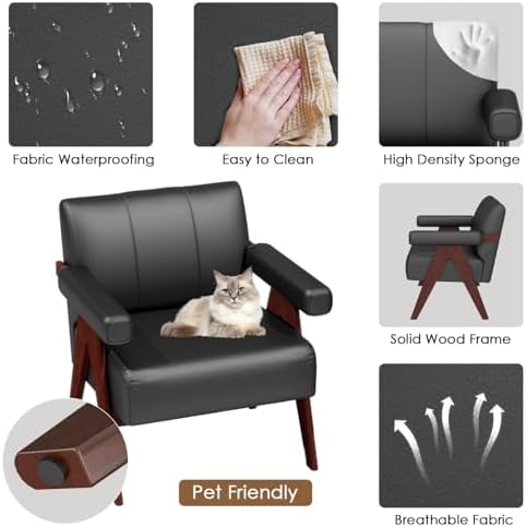 STHOUYN Faux Leather Accent Chairs Set of 2, Wooden Arm Chairs (Black)