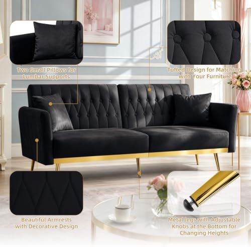 70” Velvet Futon Sofa Bed w/Adjustable Armrests, Black