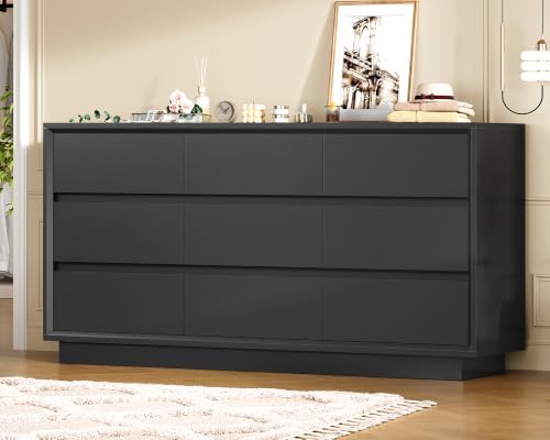 TEENFON 63" Dresser for Bedroom with 9 Drawers, Black Dresser with Metal...