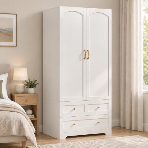 Armoire Wardrobe Closet with 2 Drawers & Mirror, White