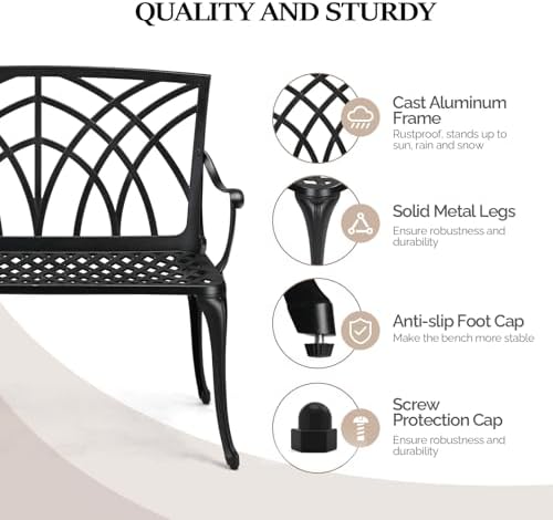 VINGLI 38" Outdoor Metal Bench, Cast Aluminium Garden Bench, Weatherproo...