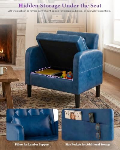 Leather Accent Chair w/Storage, Comfy Modern Living Room Chair, Armchair