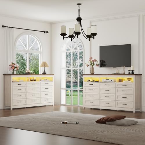 Hlivelood Farmhouse 12 Drawer Dresser with LED Lights, 71" Wide Large Ch...