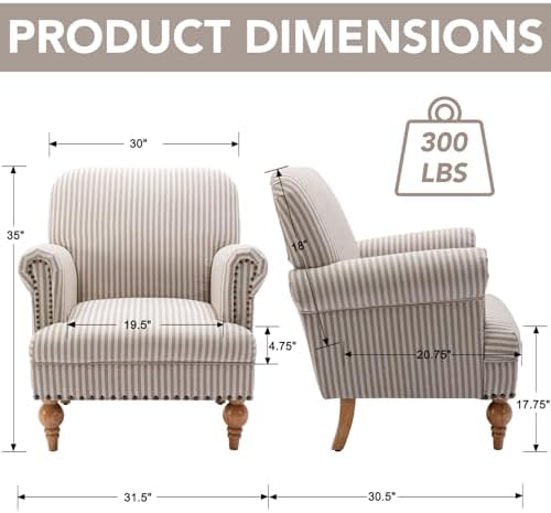 Khaki Striped Linen Fabric Accent Chairs Set of 2, Modern Farmhouse Upholster...
