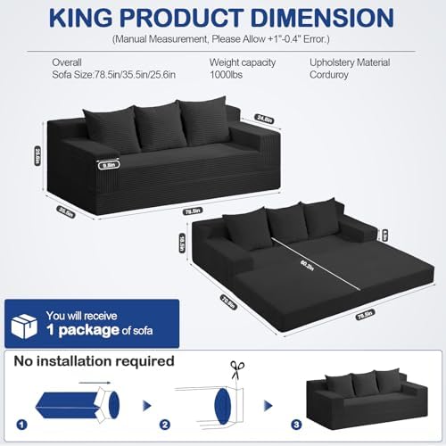 2 in 1 Convertible Boneless Couch Bed, Corduroy futon Sofa Bed, Compression F...