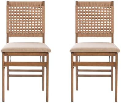 Linon Bennett Natural Folding Chair with Woven Rope Back and Linen Upholstere...
