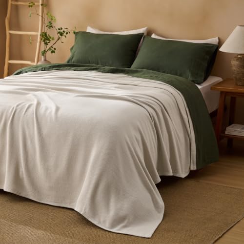 Bedsure 100% Cotton Blanket, Herringbone Weave, Queen Size, Linen Beige