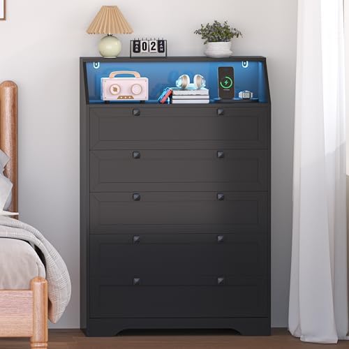 Black Dresser Tall 5 Drawer Dresser for Bedroom, Wood Chest of Drawers with L...