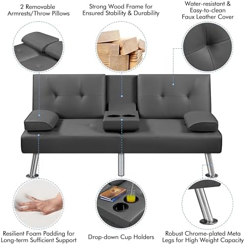 Yaheetech Convertible Futon Sofa Bed Loveseat with Cup Holder, Gray