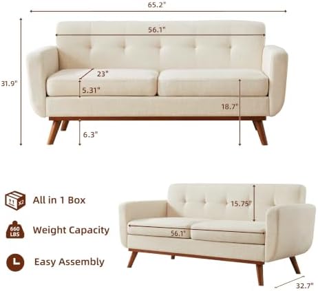 Kingfun 65.2" W Loveseat Sofa, Mid Century Modern Decor Love Seat Couche...