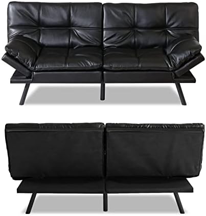 Opoiar Futon Sofa Bed Couch with Frame and Mattress,Black Faxu Memory Foam Le...