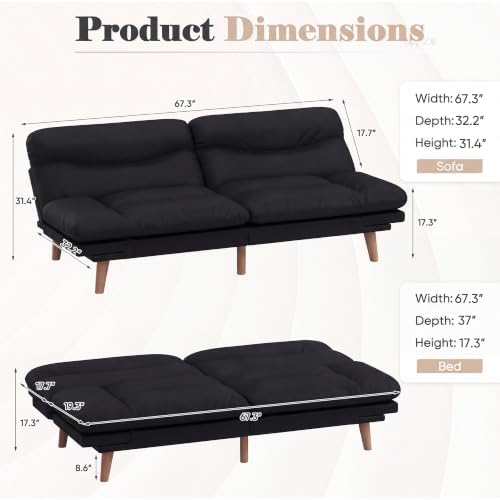 Homall 67'' Convertible Futon Sofa Bed, Modern Linen Loveseat, Black