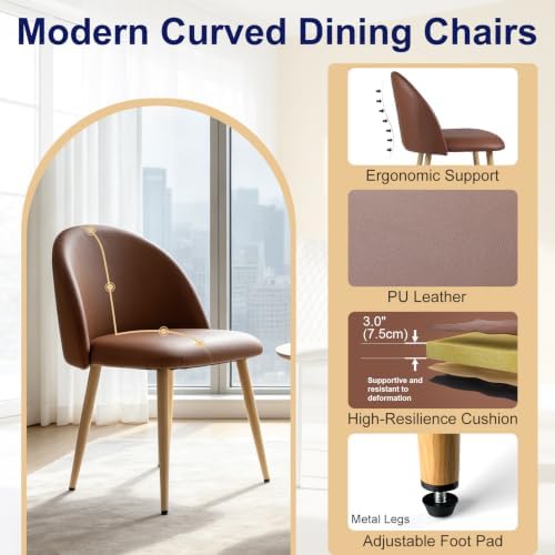 Lightdot Modern PU Leather Dining Chairs Set of 2 Brown Kitchen Side Chairs