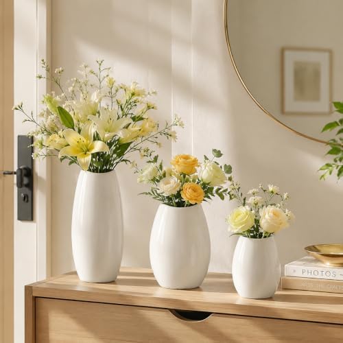 hjn Ceramic Vase Set of 3 White Flower Vase for Home Decor, Modern Decorative...